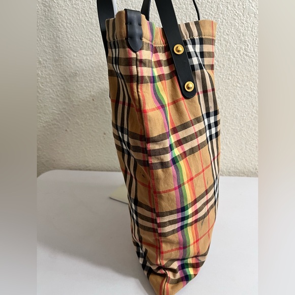 Burberry Plaid Rainbow Canvas Tote Bag with Black Straps